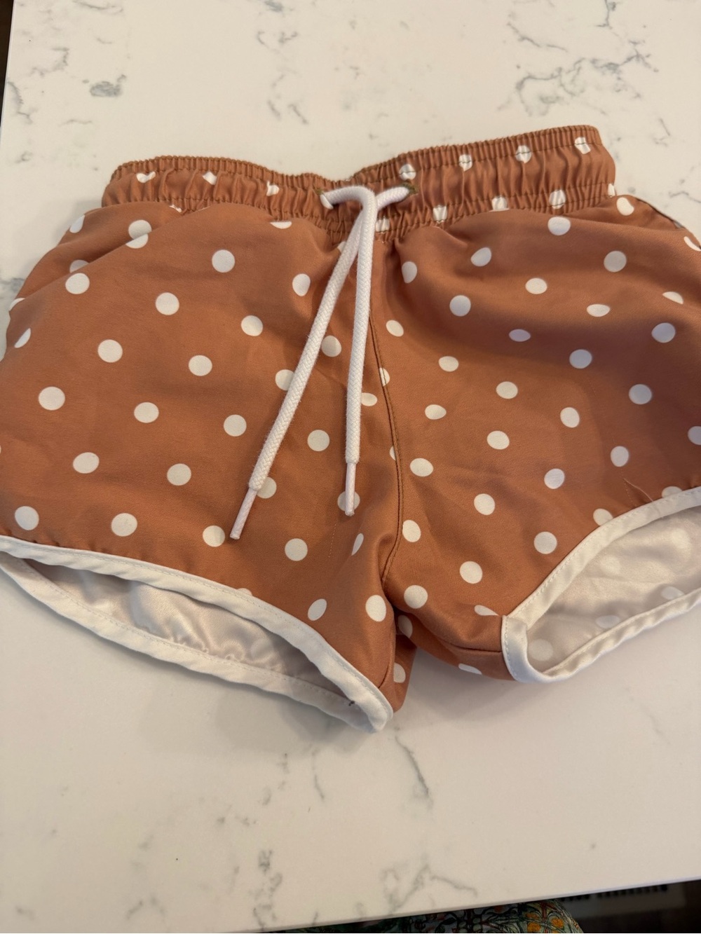 Minnow Polka Dot Rust Drawstring swim trunks.. like new